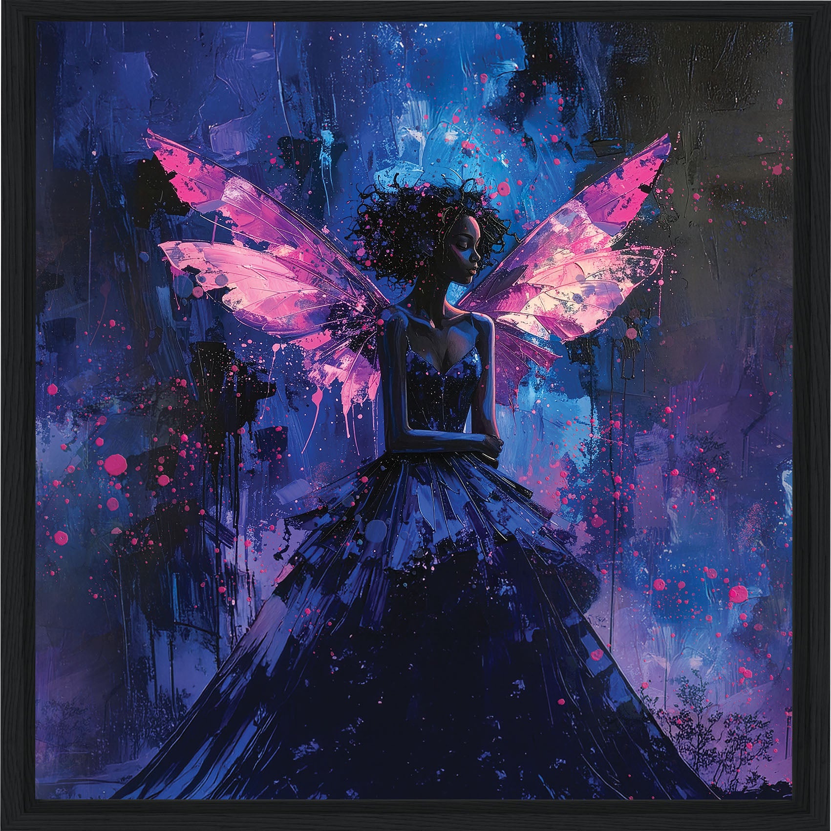Artistic depiction of a woman with butterfly wings in a dark, mystical setting
