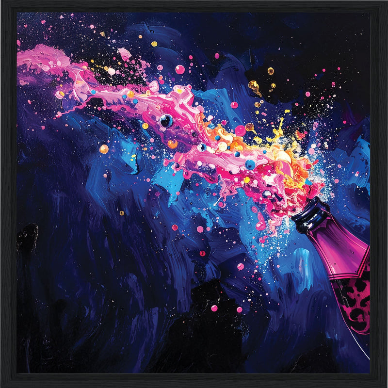 Colorful abstract painting of a bottle with a stream of liquid against a dark background