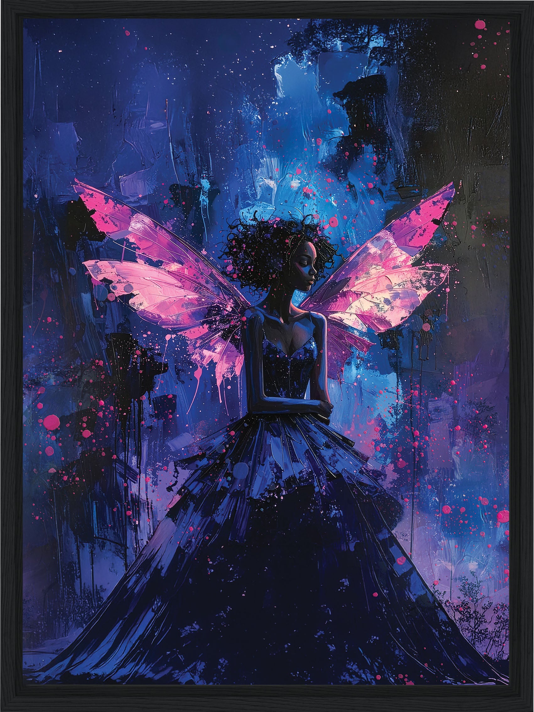 Framed artwork of a fairy with pink wings against a dark, mystical background.