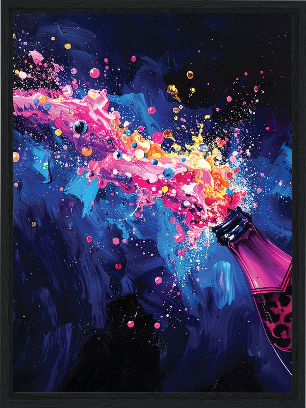 Colorful abstract painting of a champagne bottle with splashes on a dark background