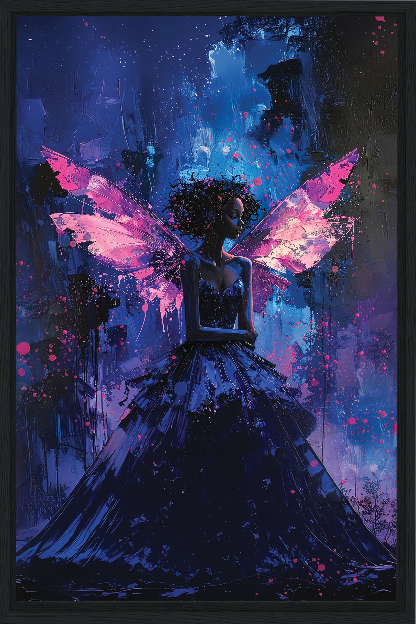 Framed artwork of a fairy with pink wings in a dark, mystical setting.