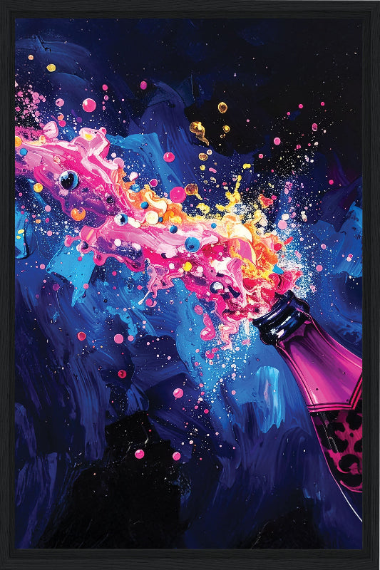 Colorful abstract art of a bottle with liquid splashes against a dark background