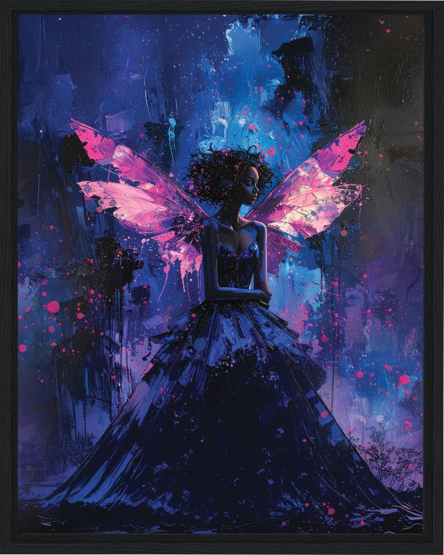 Fairy with pink wings in a dark, mystical setting