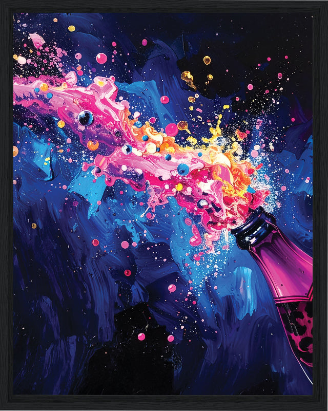 Colorful abstract painting of a bottle of champagne against a dark background