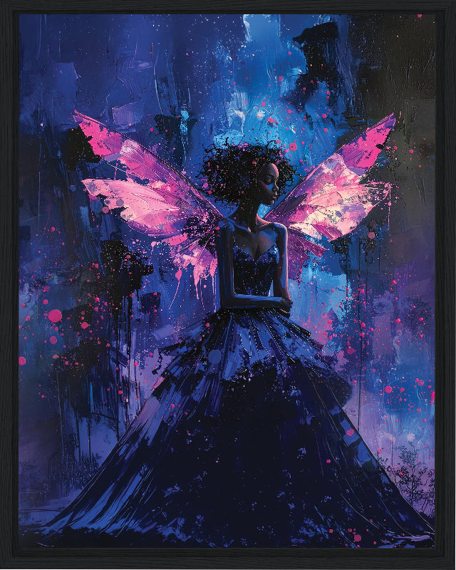 Framed artwork of a fairy with pink wings in a dark, mystical setting.