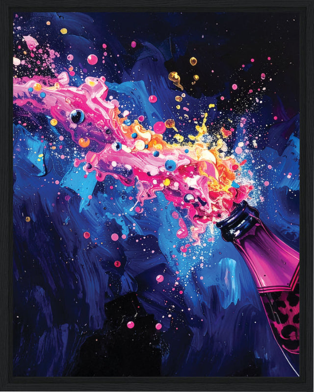Colorful abstract painting of a bottle of champagne against a dark background