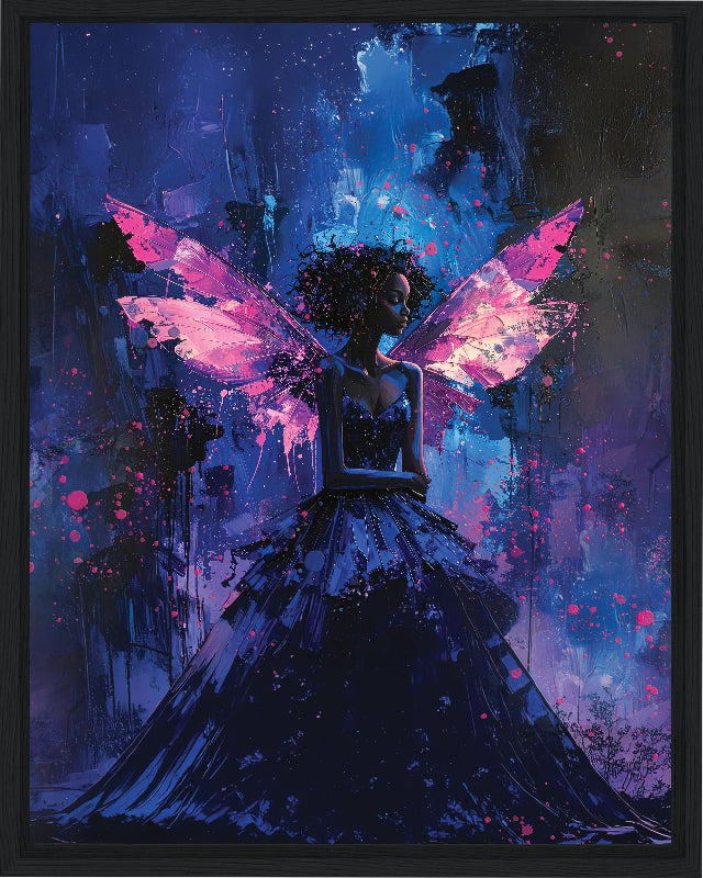 Framed artwork of a woman with butterfly wings in a dark, mystical setting.