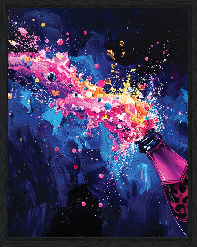 Colorful abstract painting of a bottle with a stream of liquid against a dark background