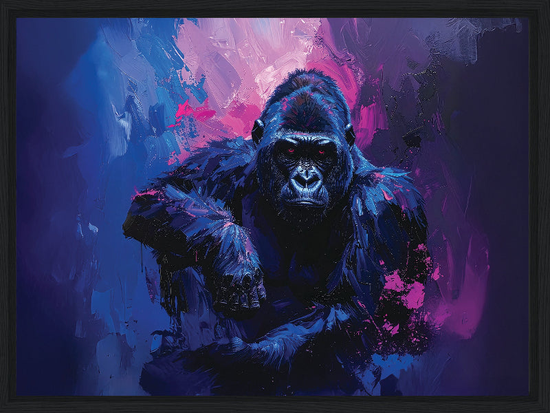 Gorilla with abstract blue and purple background framed canvas print wall art