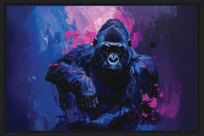 Gorilla with abstract blue and purple background framed canvas print wall art