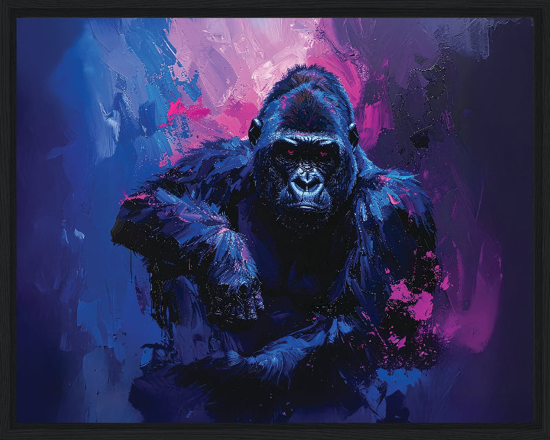Gorilla with abstract blue and purple background framed canvas print wall art