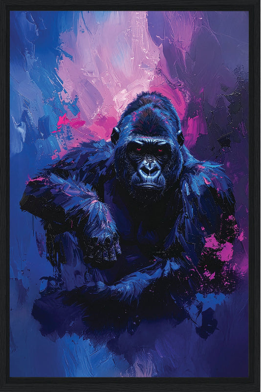 Gorilla with abstract blue and purple background framed canvas print wall art