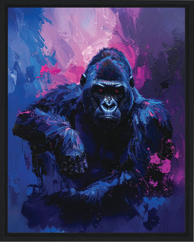 Gorilla with abstract blue and purple background framed canvas print wall art