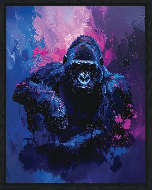 Gorilla with abstract blue and purple background framed canvas print wall art