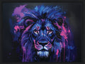 Colorful abstract painting of a lion with vibrant blue and purple hues on a dark background framed canvas print wall art 