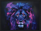Colorful abstract painting of a lion with vibrant blue and purple hues on a dark background framed canvas print wall art 