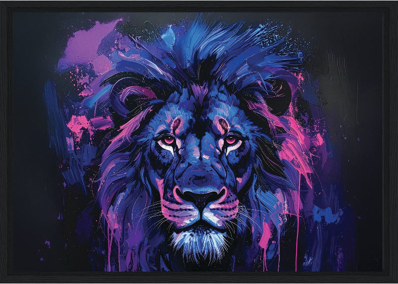 Colorful abstract painting of a lion with vibrant blue and purple hues on a dark background framed canvas print wall art 