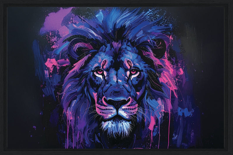 Colorful abstract painting of a lion with vibrant blue and purple hues on a dark background framed canvas print wall art 