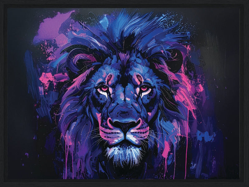 Colorful abstract painting of a lion with vibrant blue and purple hues on a dark background framed canvas print wall art 