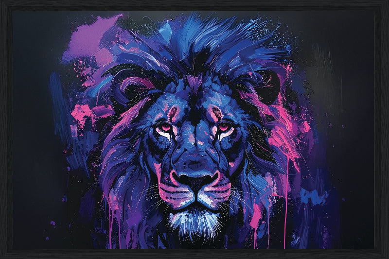 Colorful abstract painting of a lion with vibrant blue and purple hues on a dark background framed canvas print wall art 