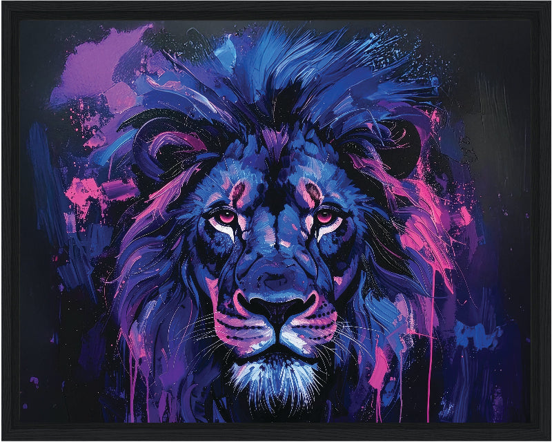 Colorful abstract painting of a lion with vibrant blue and purple hues on a dark background framed canvas print wall art 
