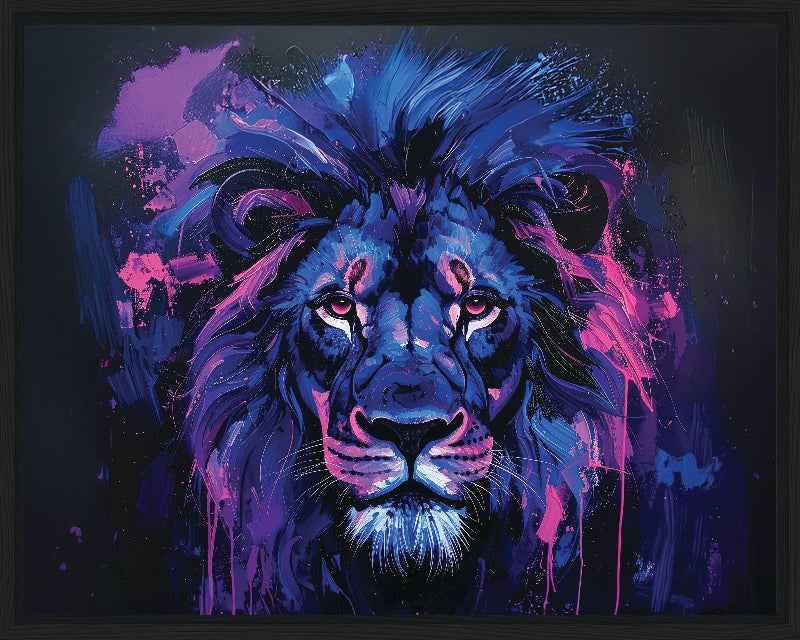 Colorful abstract painting of a lion with vibrant blue and purple hues on a dark background framed canvas print wall art 