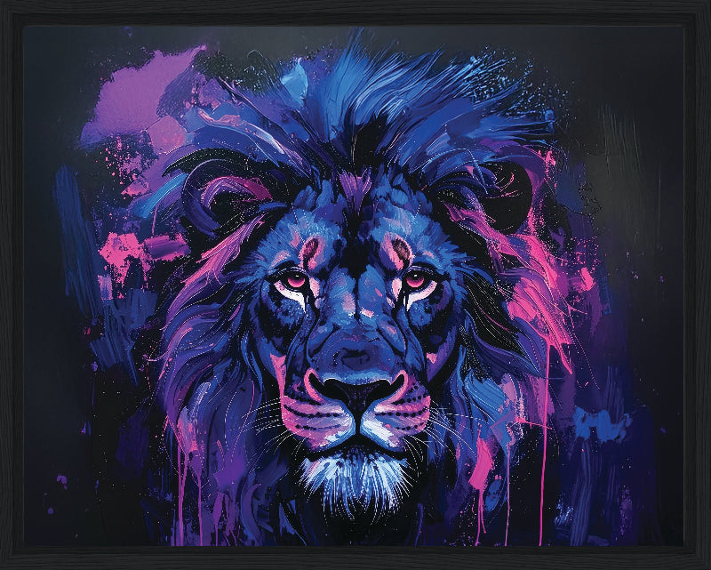 Colorful abstract painting of a lion with vibrant blue and purple hues on a dark background framed canvas print wall art 
