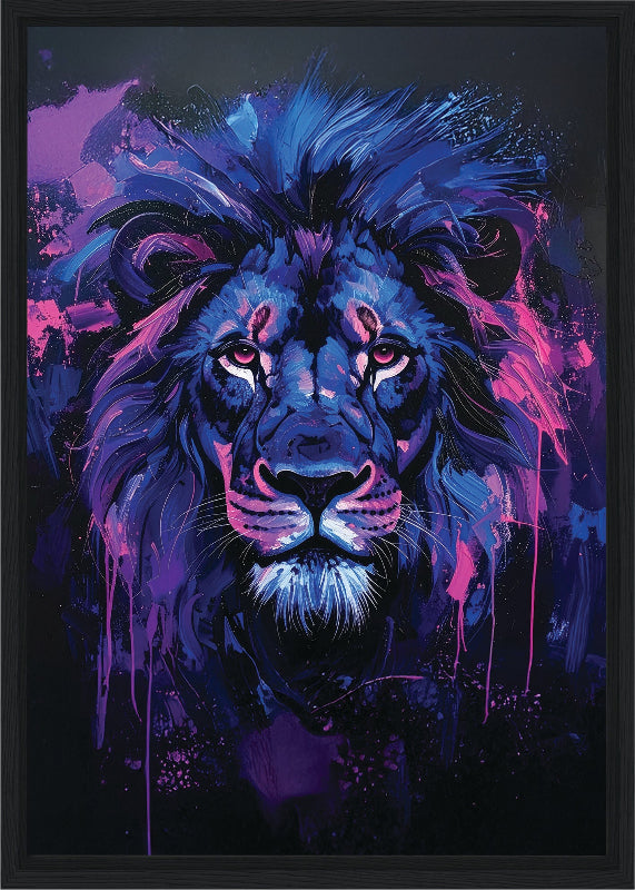 Colorful abstract painting of a lion with vibrant blue and purple hues on a dark background framed canvas print wall art 