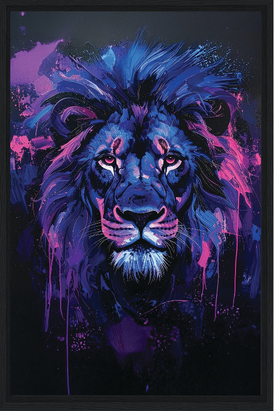 Colorful abstract painting of a lion with vibrant blue and purple hues on a dark background framed canvas print wall art 