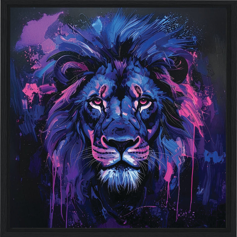 Colorful abstract painting of a lion with vibrant blue and purple hues on a dark background framed canvas print wall art 