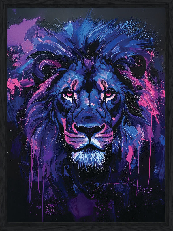 Colorful abstract painting of a lion with vibrant blue and purple hues on a dark background framed canvas print wall art 