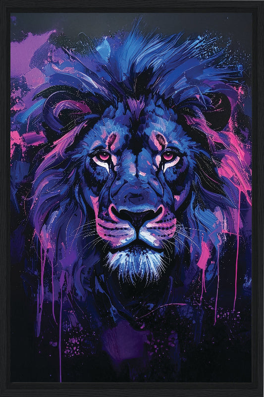 Colorful abstract painting of a lion with vibrant blue and purple hues on a dark background framed canvas print wall art 