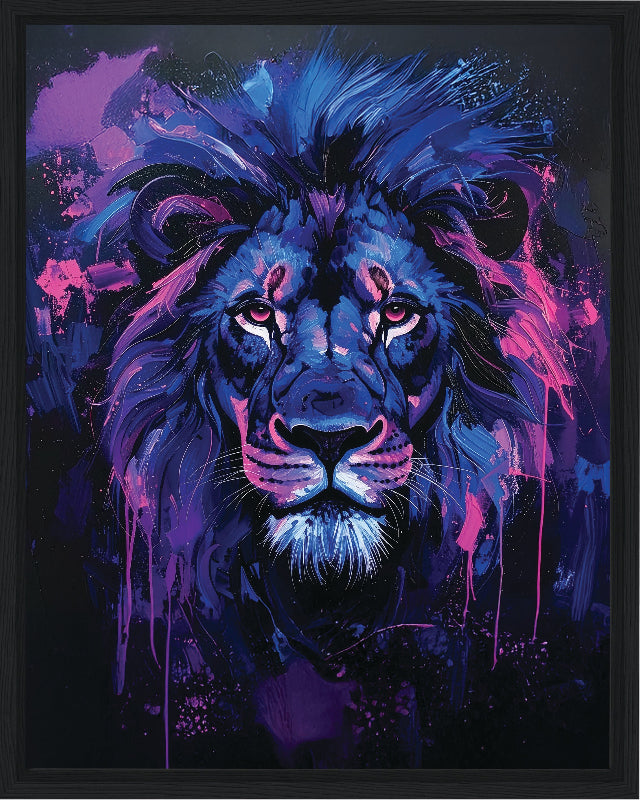 Colorful abstract painting of a lion with vibrant blue and purple hues on a dark background framed canvas print wall art 