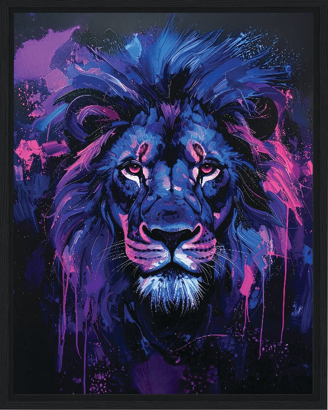 Colorful abstract painting of a lion with vibrant blue and purple hues on a dark background framed canvas print wall art 