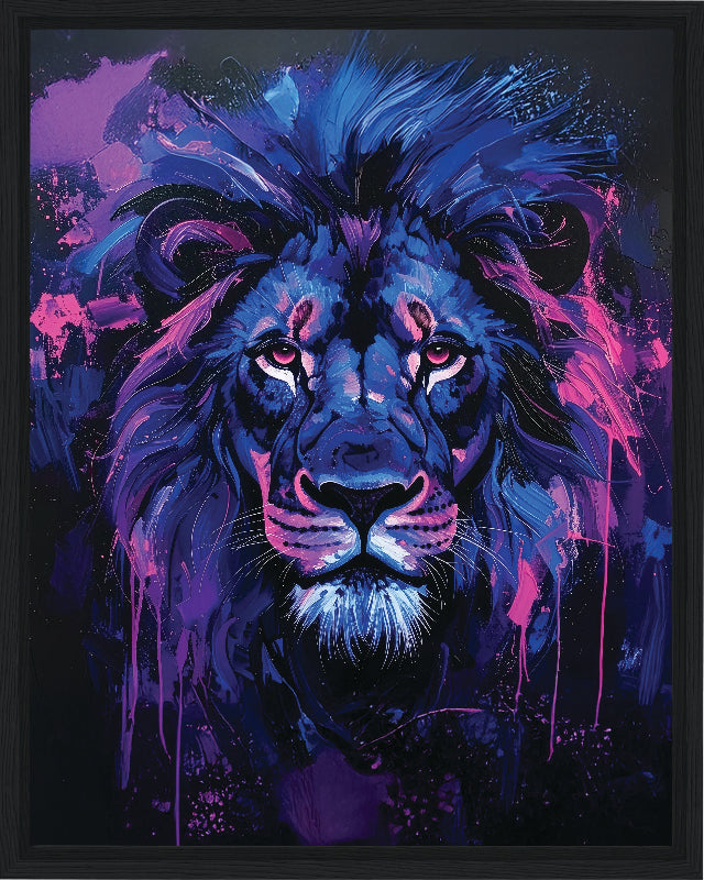 Colorful abstract painting of a lion with vibrant blue and purple hues on a dark background framed canvas print wall art 