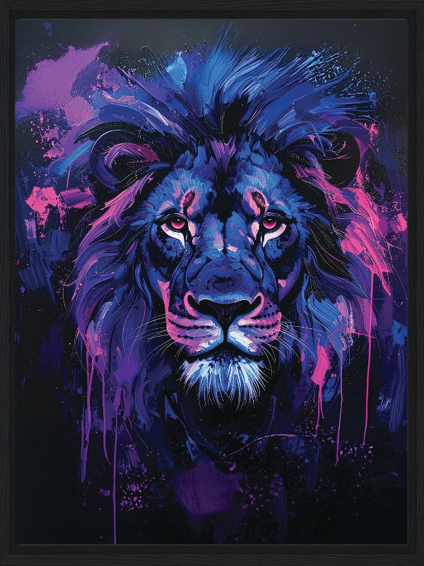 Colorful abstract painting of a lion with vibrant blue and purple hues on a dark background framed canvas print wall art 