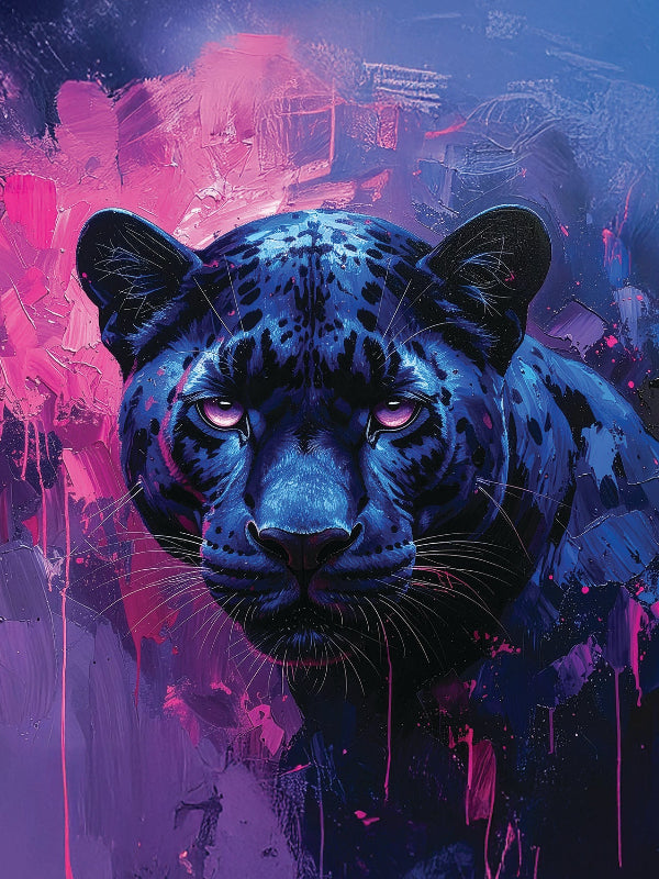 Artistic depiction of a blue panther with a vibrant, abstract background framed canvas print wall art