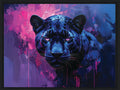 Artistic depiction of a blue panther with a vibrant, abstract background framed canvas print wall art