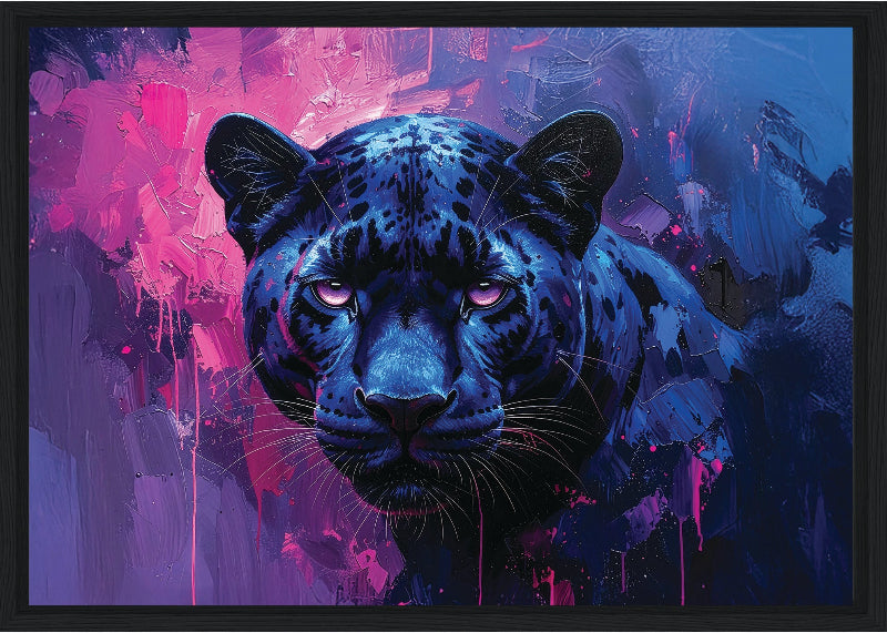 Blue panther against a vibrant purple and pink abstract background frame canvas print wall art