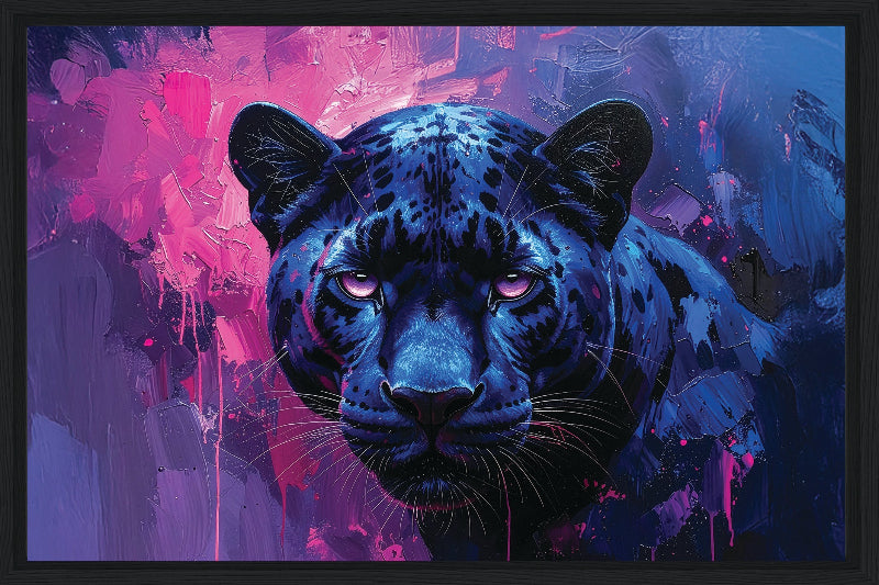 Blue panther against a vibrant purple and pink abstract background frame canvas print wall art