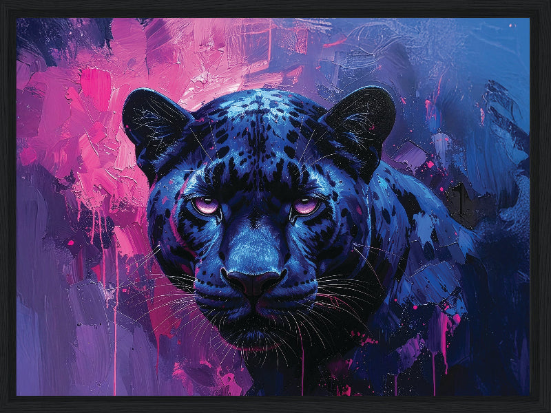 Artistic depiction of a blue panther with a vibrant, abstract background framed canvas print wall art