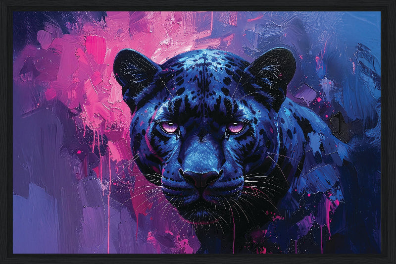 Blue panther against a vibrant purple and pink abstract background frame canvas print wall art