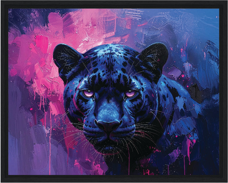 Artistic depiction of a blue panther with a vibrant, abstract background framed canvas print wall art