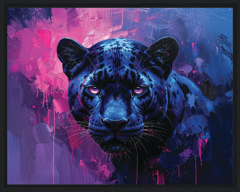 Blue panther against a vibrant purple and pink abstract background frame canvas print wall art