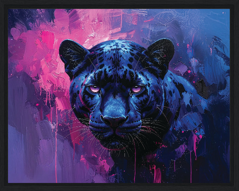 Artistic depiction of a blue panther with a vibrant, abstract background framed canvas print wall art