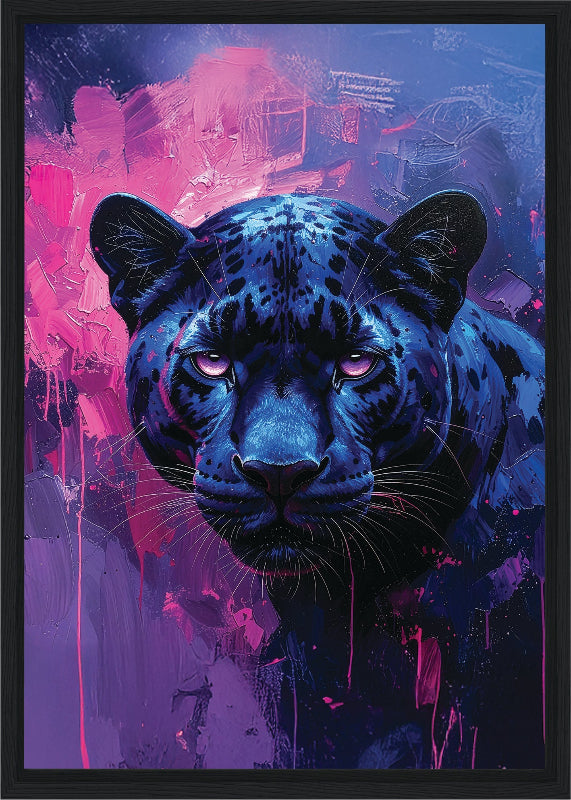 Artistic depiction of a blue panther with a vibrant, abstract background framed canvas print wall art