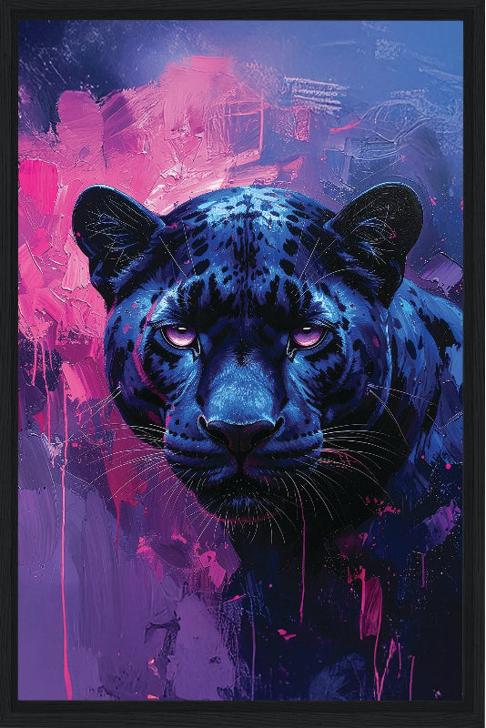Blue panther against a vibrant purple and pink abstract background frame canvas print wall art