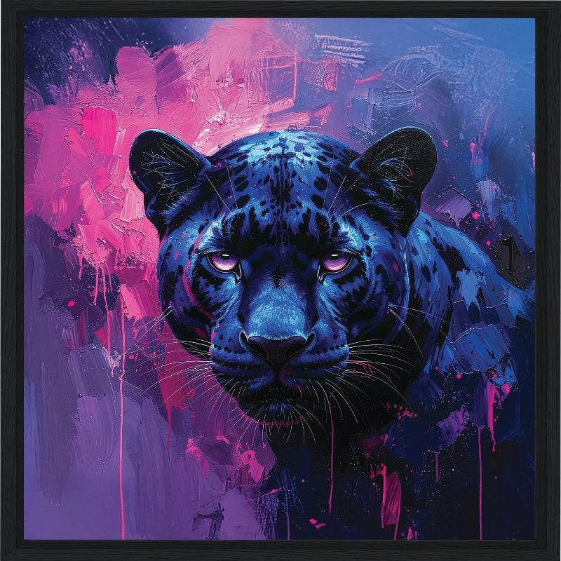 Artistic depiction of a blue panther with a vibrant, abstract background framed canvas print wall art