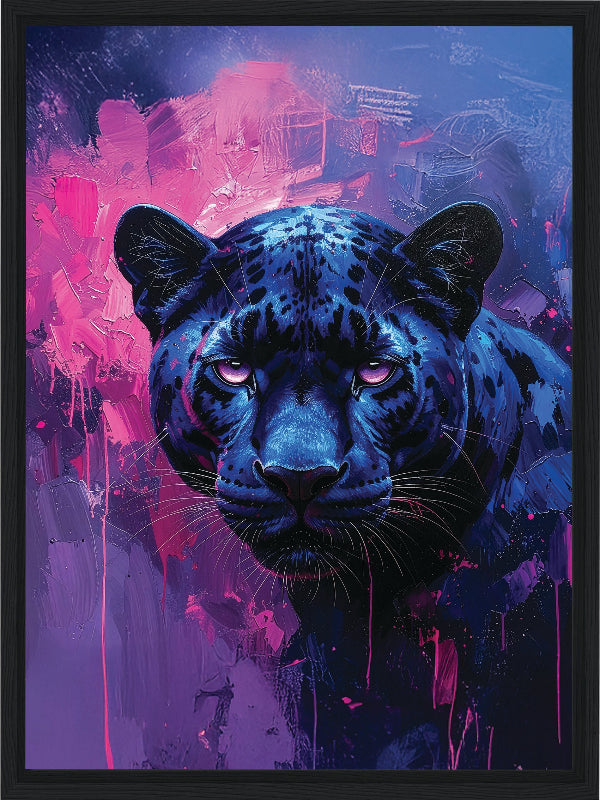 Blue panther against a vibrant purple and pink abstract background frame canvas print wall art