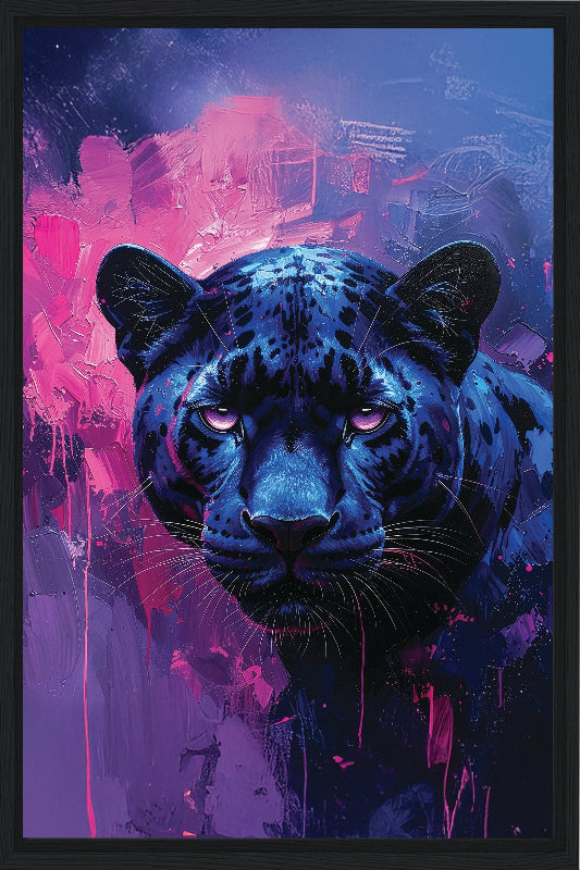 Blue panther against a vibrant purple and pink abstract background frame canvas print wall art